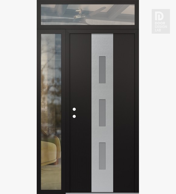 Modern Steel Front Door DIAMOND A7 52" X 96" BLACK/WHITE FROSTED GLASS PANEL STAINLESS STEEL RHI WITH SIDELITE AND TRANSOM CLEAR GLASS