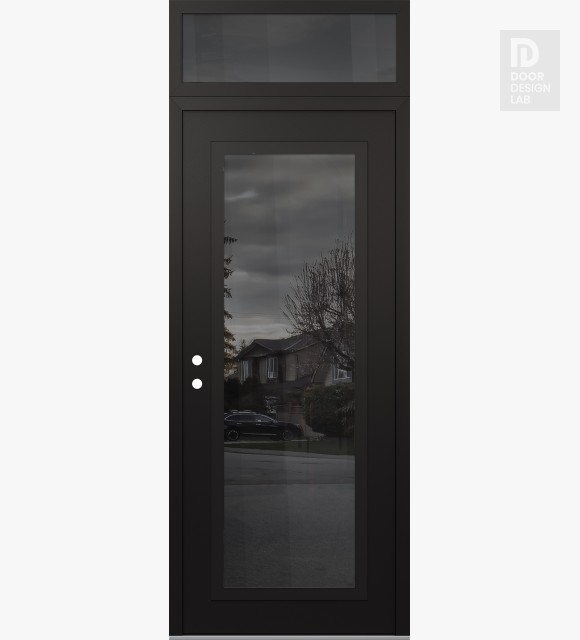 Modern Steel Front Door Diamond C1 36" x 96" black/black mirrored Glass Panel black RHI with Transom mirrored Glass