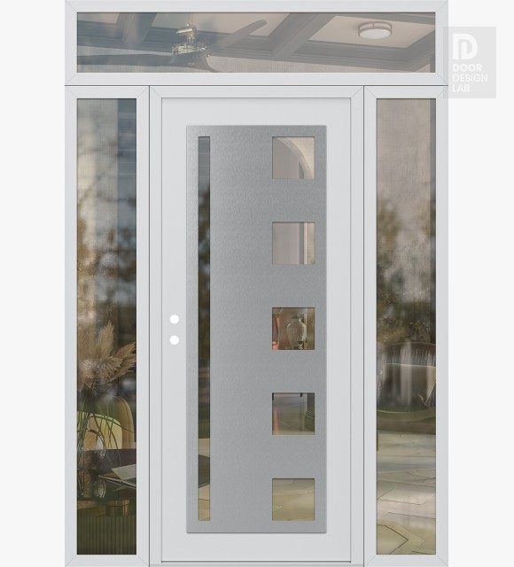 Modern Steel Front Door Diamond C3 64" x 96" white/white clear Glass Panel stainless steel RHI with 2 Sidelites and Transom clear Glass