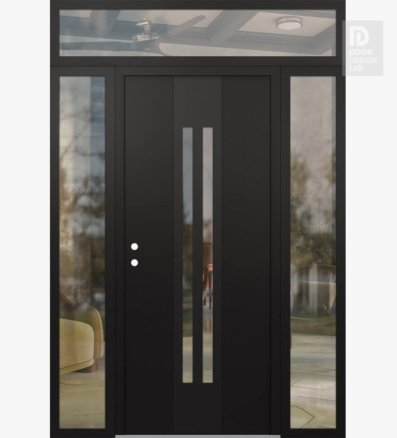 Modern Steel Front Door DIAMOND A8 68" X 96" BLACK/BLACK CLEAR GLASS PANEL BLACK RHI WITH 2 SIDELITES AND TRANSOM CLEAR GLASS