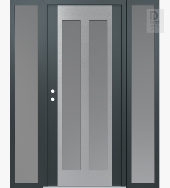 Modern Steel Front Door Diamond C14 64" x 80" anthracite/anthracite frosted Glass Panel stainless steel RHI with 2 Sidelites frosted Glass