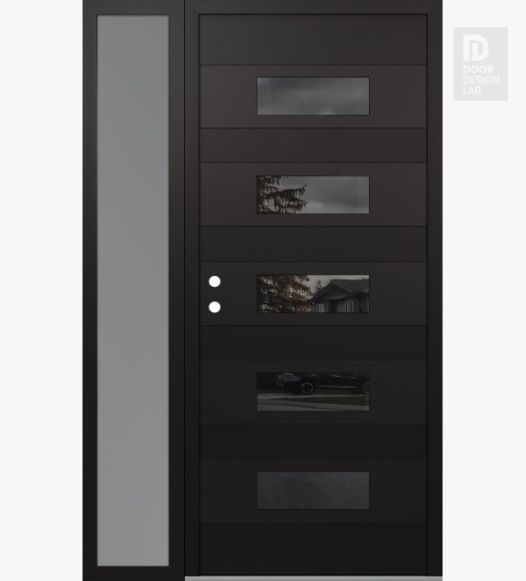 Modern Steel Front Door Diamond D5 48" x 80" black/black mirrored Glass Panel black RHI with Sidelite frosted Glass
