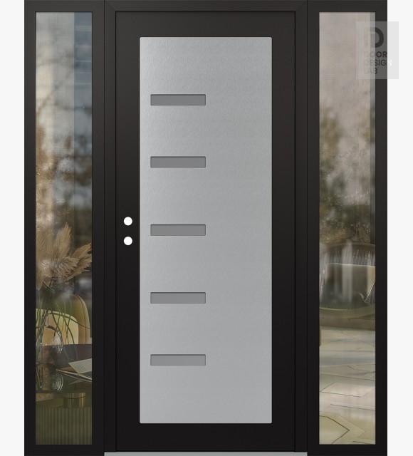 Modern Steel Front Door Diamond C8 68" x 80" black/white frosted Glass Panel stainless steel RHI with 2 Sidelites clear Glass