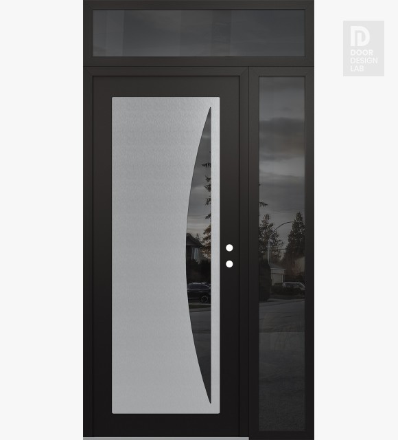 Modern Steel Front Door Diamond C13 48" x 96" black/black mirrored Glass Panel stainless steel LHI with Sidelite and Transom mirrored Glass