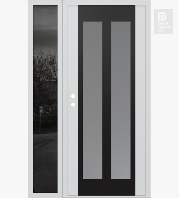 Modern Steel Front Door Diamond C14 48" x 80" white/white frosted Glass Panel black RHI with Sidelite mirrored Glass