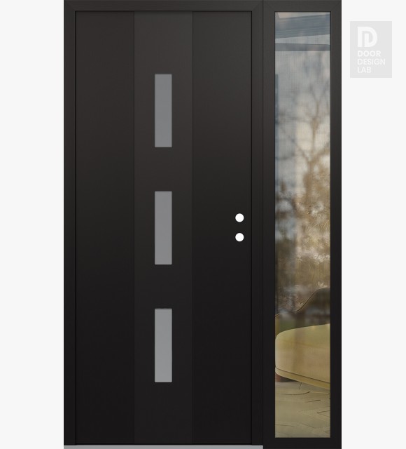 Modern Steel Front Door DIAMOND A7 52" X 80" BLACK/WHITE FROSTED GLASS PANEL BLACK LHI WITH SIDELITE CLEAR GLASS