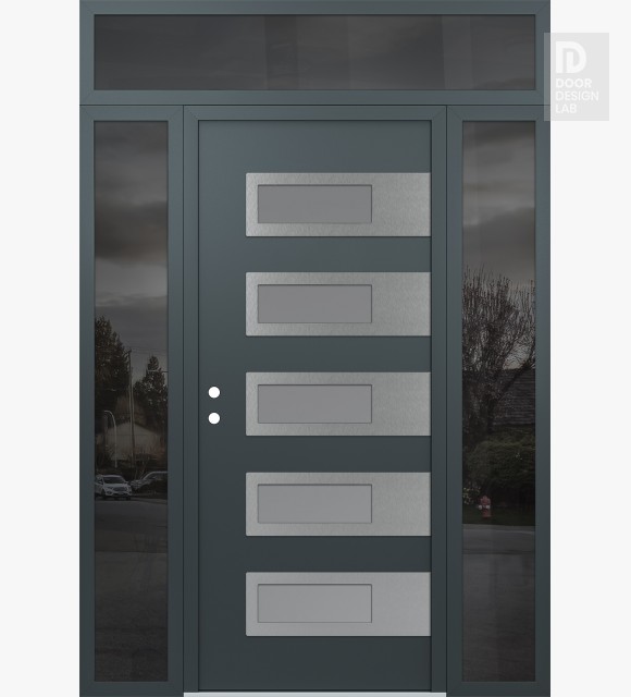 Modern Steel Front Door Diamond D3 64" x 96" anthracite/anthracite frosted Glass Panel stainless steel RHI with 2 Sidelites and Transom mirrored Glass