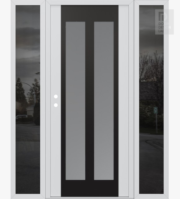 Modern Steel Front Door Diamond C14 60" x 80" white/white frosted Glass Panel black RHI with 2 Sidelites mirrored Glass