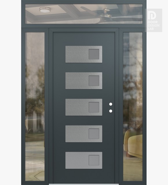 Modern Steel Front Door Diamond D2 68" x 96" anthracite/anthracite frosted Glass Panel stainless steel LHI with 2 Sidelites and Transom clear Glass