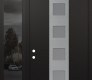 Modern Steel Front Door DIAMOND A13 48" X 96" BLACK/WHITE FROSTED GLASS PANEL STAINLESS STEEL RHI WITH SIDELITE AND TRANSOM MIRRORED GLASS