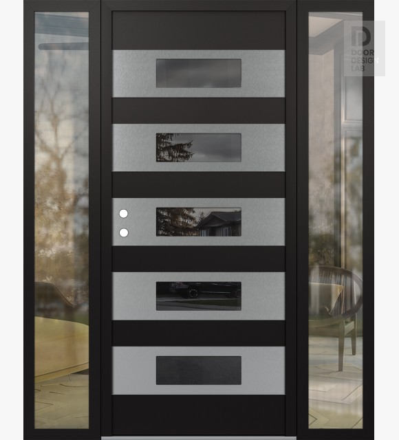 Modern Steel Front Door Diamond D5 64" x 80" black/black mirrored Glass Panel stainless steel RHI with 2 Sidelites clear Glass