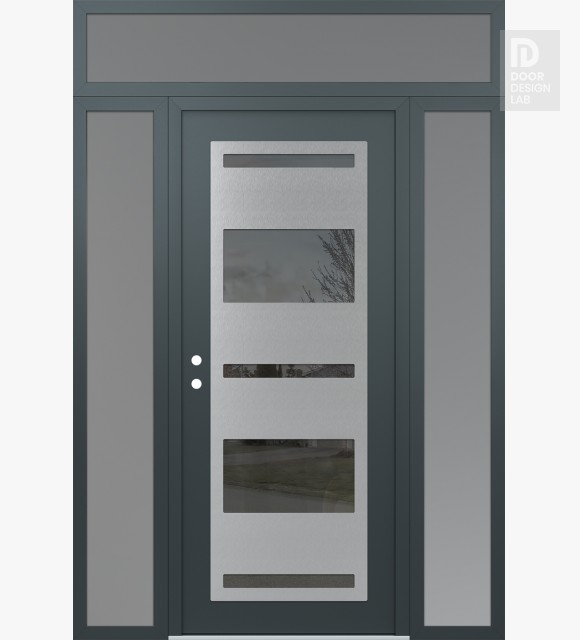 Modern Steel Front Door Diamond C10 64" x 96" anthracite/anthracite mirrored Glass Panel stainless steel RHI with 2 Sidelites and Transom frosted Glass