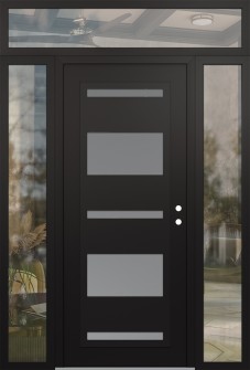 Diamond C10 68" x 96" black/white frosted Glass Panel black LHI with 2 Sidelites and Transom clear Glass