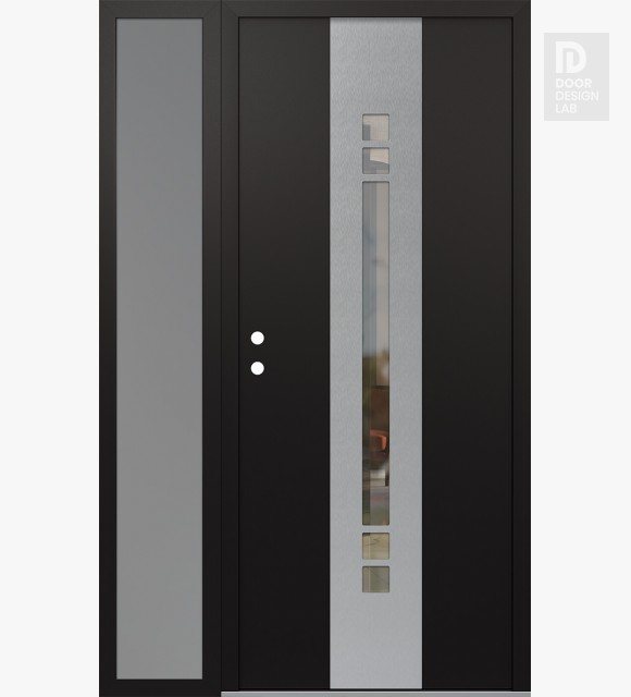 Modern Steel Front Door DIAMOND A4 48" X 80" BLACK/BLACK CLEAR GLASS PANEL STAINLESS STEEL RHI WITH SIDELITE FROSTED GLASS