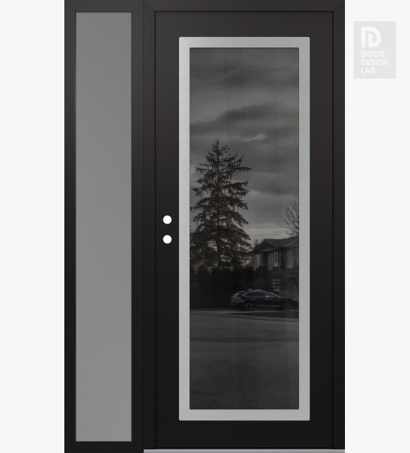 Modern Steel Front Door Diamond C1 50" x 80" black/black mirrored Glass Panel stainless steel RHI with Sidelite frosted Glass