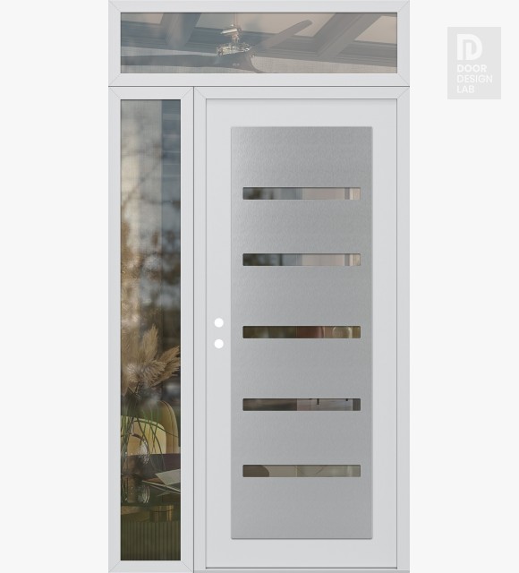 Modern Steel Front Door Diamond C7 50" x 96" white/white clear Glass Panel stainless steel RHI with Sidelite and Transom clear Glass