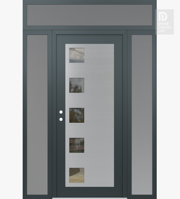 Modern Steel Front Door Diamond C5 64" x 96" anthracite/anthracite clear Glass Panel stainless steel RHI with 2 Sidelites and Transom frosted Glass