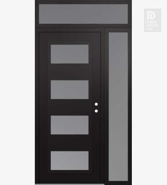 Modern Steel Front Door Diamond C2 50" x 96" black/white frosted Glass Panel black LHI with Sidelite and Transom frosted Glass