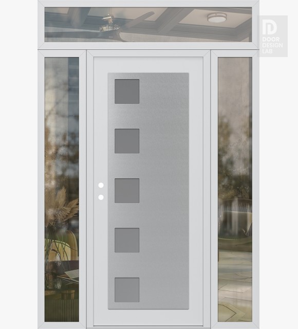 Modern Steel Front Door Diamond C5 64" x 96" white/white frosted Glass Panel stainless steel RHI with 2 Sidelites and Transom clear Glass