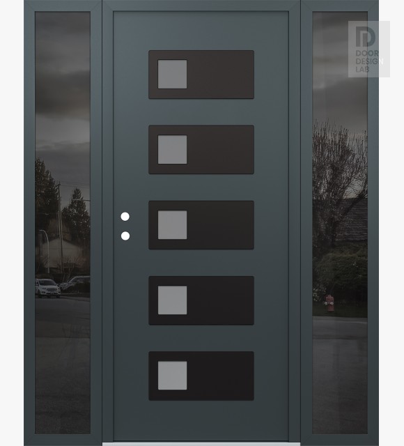 Modern Steel Front Door Diamond D2 64" x 80" anthracite/anthracite frosted Glass Panel black RHI with 2 Sidelites mirrored Glass
