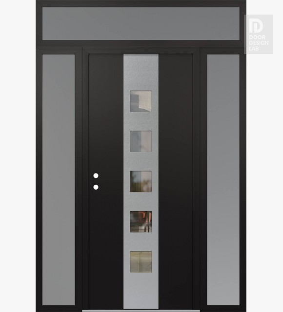 Modern Steel Front Door DIAMOND A13 60" X 96" BLACK/BLACK CLEAR GLASS PANEL STAINLESS STEEL RHI WITH 2 SIDELITES AND TRANSOM FROSTED GLASS