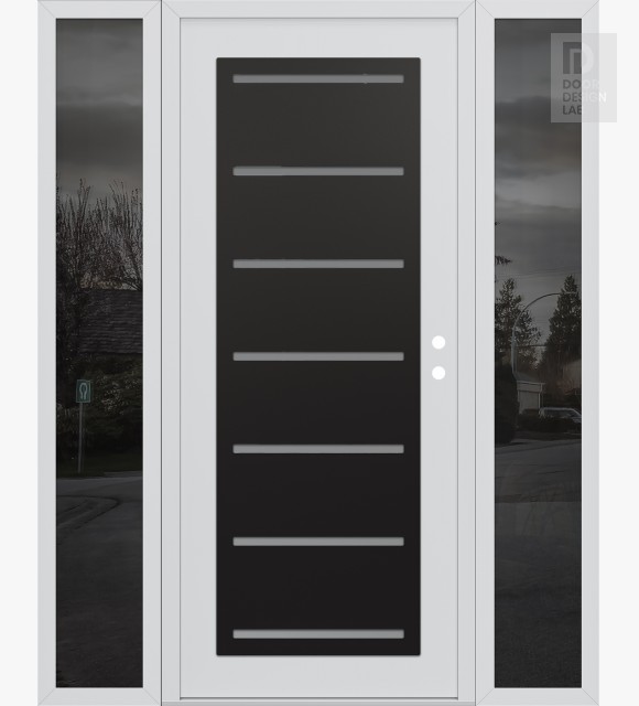 Modern Steel Front Door Diamond C11 64" x 80" white/white frosted Glass Panel black LHI with 2 Sidelites mirrored Glass