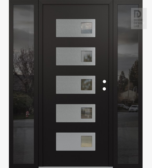 Modern Steel Front Door Diamond D2 68" x 80" black/black clear Glass Panel stainless steel LHI with 2 Sidelites mirrored Glass