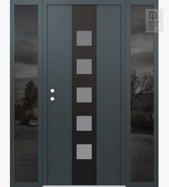 Modern Steel Front Door DIAMOND A13 60" X 80" ANTHRACITE/ANTHRACITE FROSTED GLASS PANEL BLACK RHI WITH 2 SIDELITES MIRRORED GLASS
