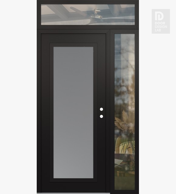 Modern Steel Front Door Diamond C1 48" x 96" black/white frosted Glass Panel black LHI with Sidelite and Transom clear Glass