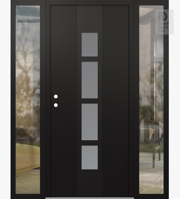 Modern Steel Front Door DIAMOND A10 64" X 80" BLACK/WHITE FROSTED GLASS PANEL BLACK RHI WITH 2 SIDELITES CLEAR GLASS