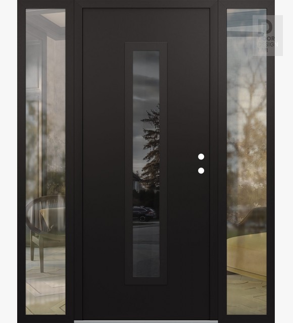 Modern Steel Front Door DIAMOND A11 64" X 80" BLACK/BLACK MIRRORED GLASS PANEL BLACK LHI WITH 2 SIDELITES CLEAR GLASS