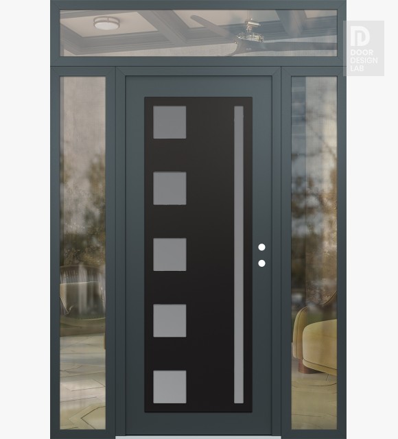 Modern Steel Front Door Diamond C3 64" x 96" anthracite/anthracite frosted Glass Panel black LHI with 2 Sidelites and Transom clear Glass