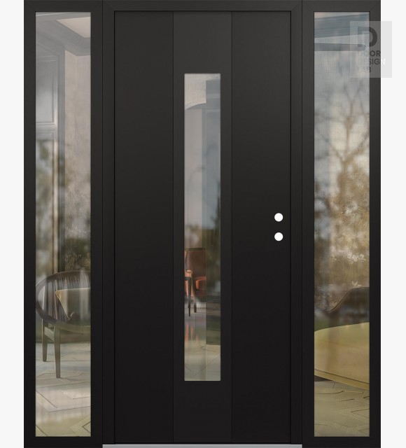 Modern Steel Front Door DIAMOND A1 68" X 80" BLACK/BLACK CLEAR GLASS PANEL BLACK LHI WITH 2 SIDELITES CLEAR GLASS