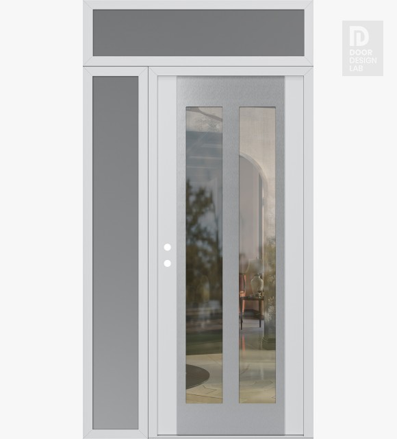Modern Steel Front Door Diamond C14 48" x 96" white/white clear Glass Panel stainless steel RHI with Sidelite and Transom frosted Glass