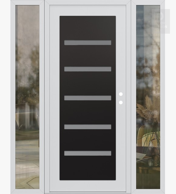 Modern Steel Front Door Diamond C7 68" x 80" white/white frosted Glass Panel black LHI with 2 Sidelites clear Glass
