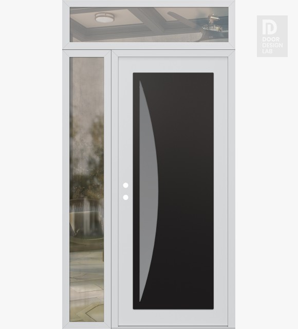 Modern Steel Front Door Diamond C13 48" x 96" white/white frosted Glass Panel black RHI with Sidelite and Transom clear Glass