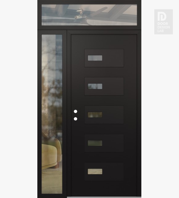 Modern Steel Front Door Diamond D7 48" x 96" black/black clear Glass Panel black RHI with Sidelite and Transom clear Glass