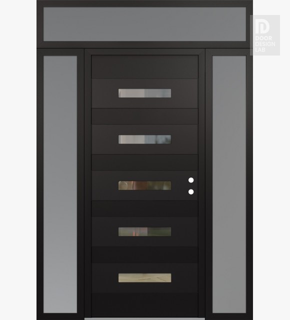 Modern Steel Front Door Diamond D9 64" x 96" black/black clear Glass Panel black LHI with 2 Sidelites and Transom frosted Glass
