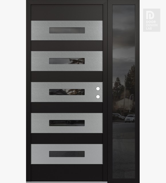 Modern Steel Front Door Diamond D9 48" x 80" black/black mirrored Glass Panel stainless steel LHI with Sidelite mirrored Glass