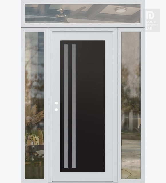 Modern Steel Front Door Diamond C6 60" x 96" white/white frosted Glass Panel black RHI with 2 Sidelites and Transom clear Glass