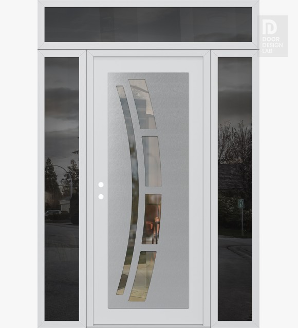 Modern Steel Front Door Diamond C12 64" x 96" white/white clear Glass Panel stainless steel RHI with 2 Sidelites and Transom mirrored Glass