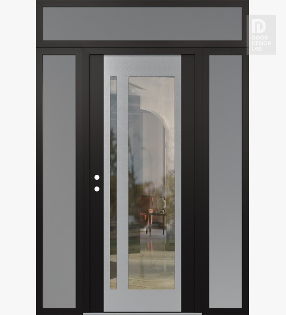 Modern Steel Front Door Diamond C15 64" x 96" black/black clear Glass Panel stainless steel RHI with 2 Sidelites and Transom frosted Glass