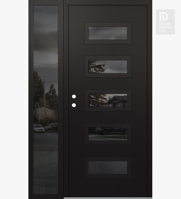 Modern Steel Front Door Diamond D1 50" x 80" black/black mirrored Glass Panel black RHI with Sidelite mirrored Glass