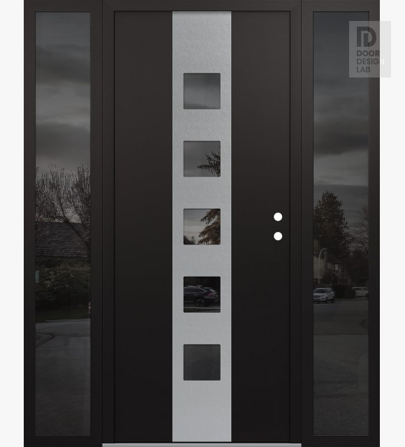 Modern Steel Front Door DIAMOND A13 60" X 80" BLACK/BLACK MIRRORED GLASS PANEL STAINLESS STEEL LHI WITH 2 SIDELITES MIRRORED GLASS