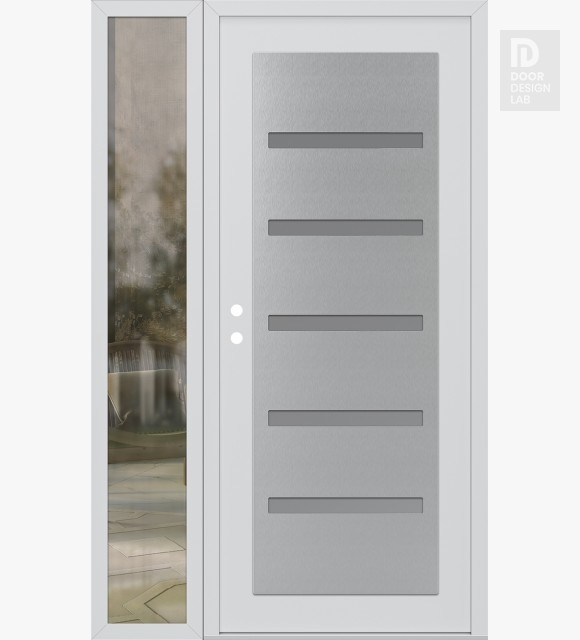 Modern Steel Front Door Diamond C7 48" x 80" white/white frosted Glass Panel stainless steel RHI with Sidelite clear Glass