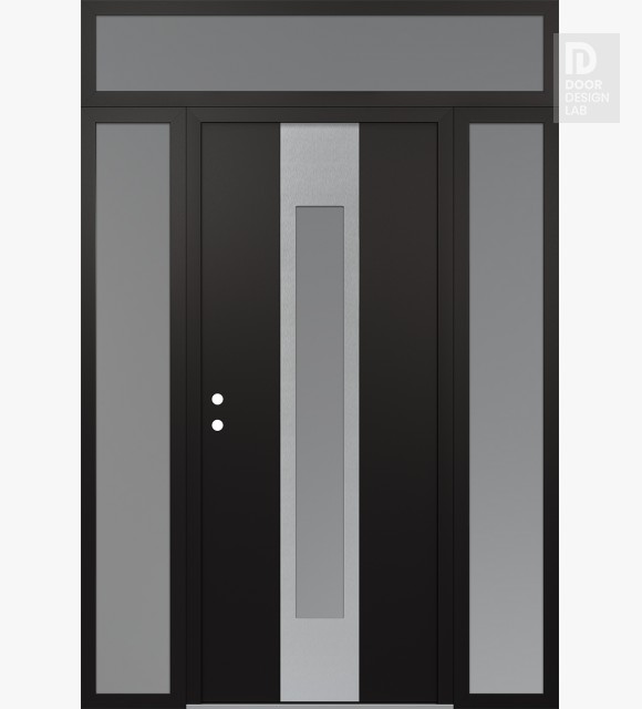 Modern Steel Front Door DIAMOND A1 60" X 96" BLACK/WHITE FROSTED GLASS PANEL STAINLESS STEEL RHI WITH 2 SIDELITES AND TRANSOM FROSTED GLASS