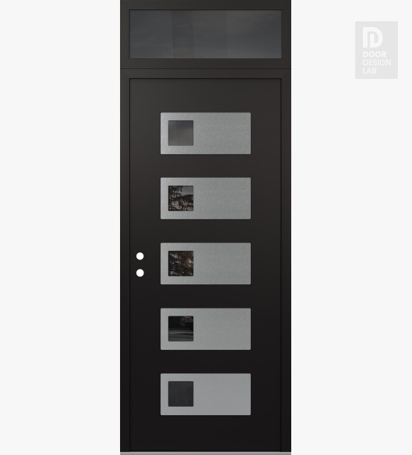 Modern Steel Front Door Diamond D2 36" x 96" black/black mirrored Glass Panel stainless steel RHI with Transom mirrored Glass