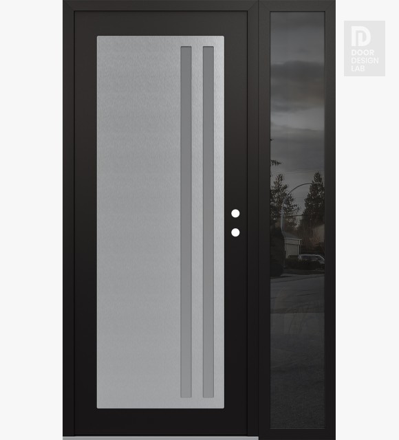 Modern Steel Front Door Diamond C6 50" x 80" black/white frosted Glass Panel stainless steel LHI with Sidelite mirrored Glass