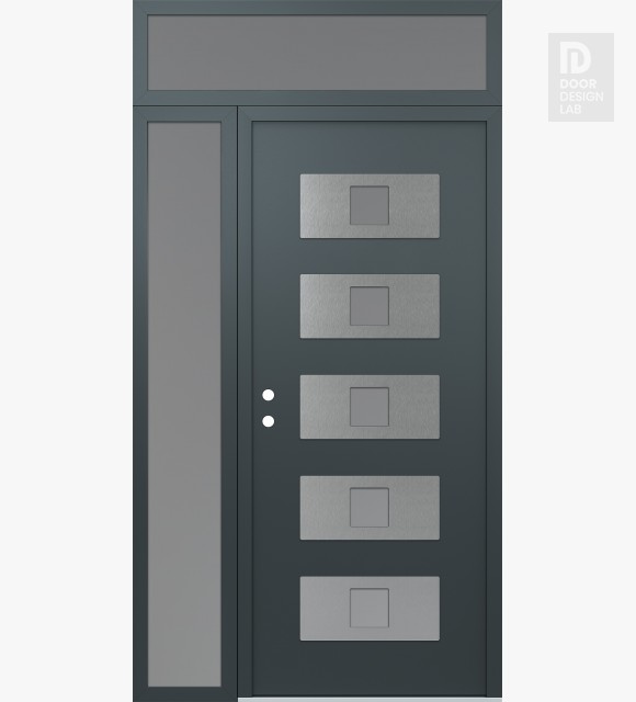 Modern Steel Front Door Diamond D8 50" x 96" anthracite/anthracite frosted Glass Panel stainless steel RHI with Sidelite and Transom frosted Glass
