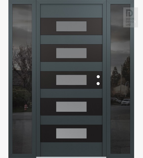 Modern Steel Front Door Diamond D5 68" x 80" anthracite/anthracite frosted Glass Panel black LHI with 2 Sidelites mirrored Glass